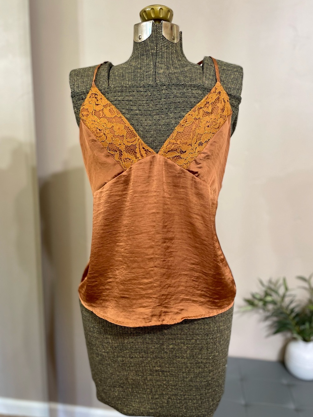 Vintage Y2K Satin Lace Cami Top Babydoll Tank Copper Boho Fairy Grunge Coquette